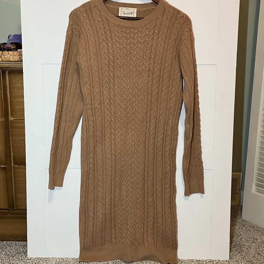 Spadehill Women’s Large Sweater Dress Brown‎ Cable Knit Long Sleeve Midi Fall